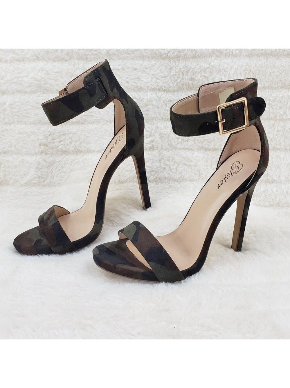 Camo Print Single Ankle & Toe Strap 4.5" High Heel Stiletto Shoes